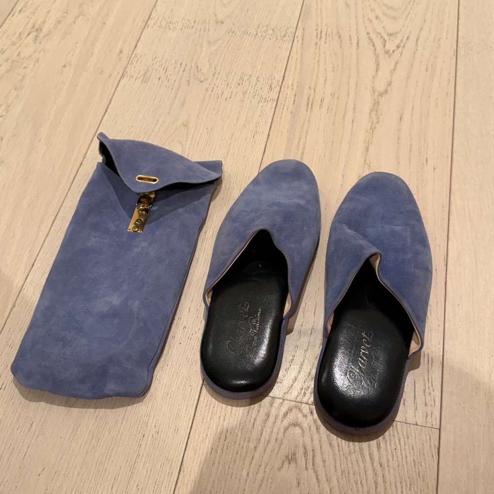 Charvet Blue Suede Slip-On Mules with Suede Pouch